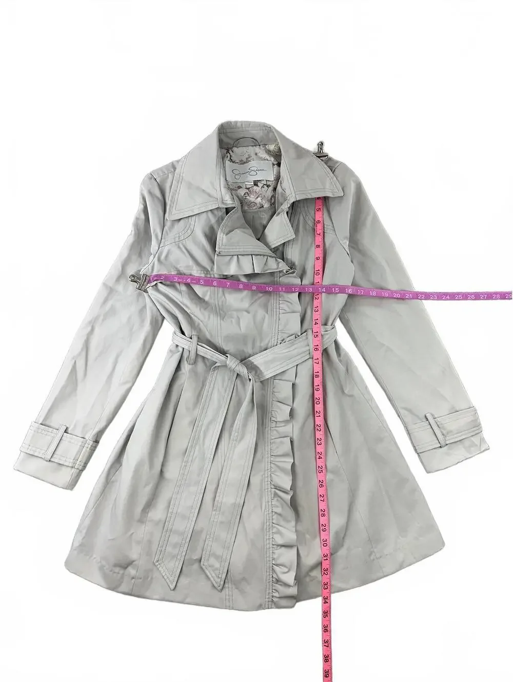 Jessica Simpson Light Beige/Grey Ruffle Trim Trench Coat - Picture 5 of 7